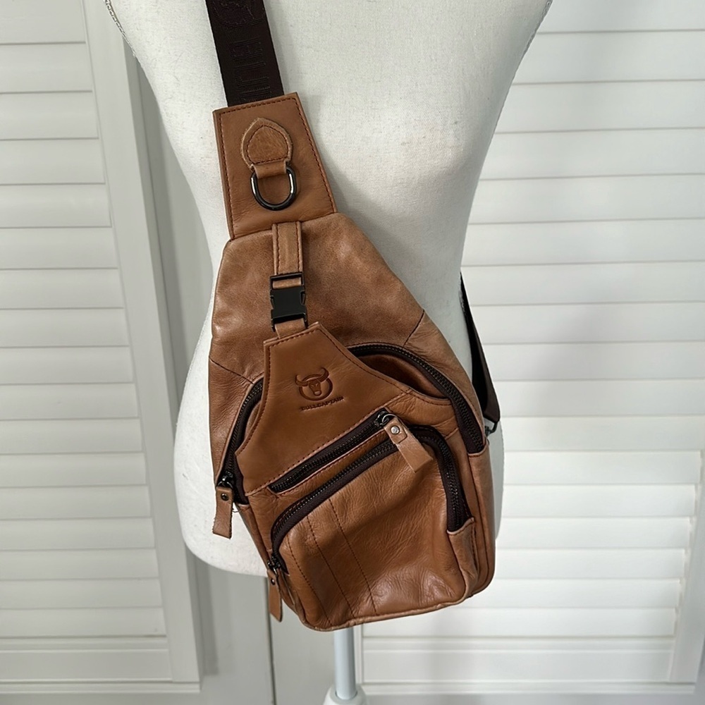 Bull Captain genuine leather caramel sling bag w/tons of pockets, adjustable